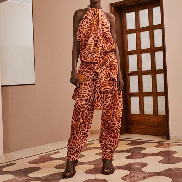 NWT Stella McCartney Tie Waist Wrap Silk Trouser Pants Martini Pink Cheetah 40 - Picture 2 of 16